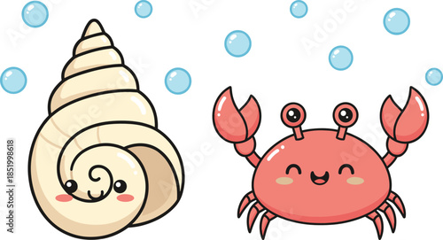 Adorable beach animal characters set featuring crab and seashell flat vector illustration