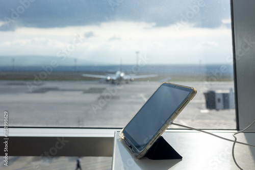 Selective focus on a tablet and smartphone charging by a sunlit airport window. In the blurred background, an airplane on the runway signifies travel, remote work, and the modern connectivity.