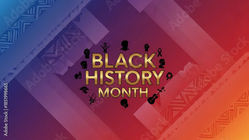Black history month banner with gold text and african cultural symbols on a vibrant gradient