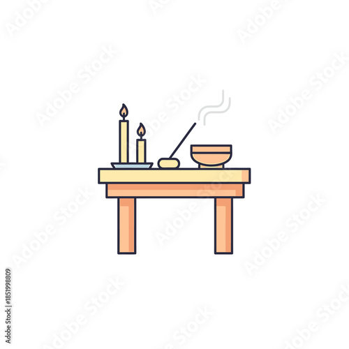 A steaming bowl and lit candles on a simple wooden table, vector illustration