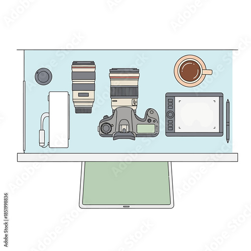 Overhead view of a workspace with photography equipment and a cup of coffee on a light blue background