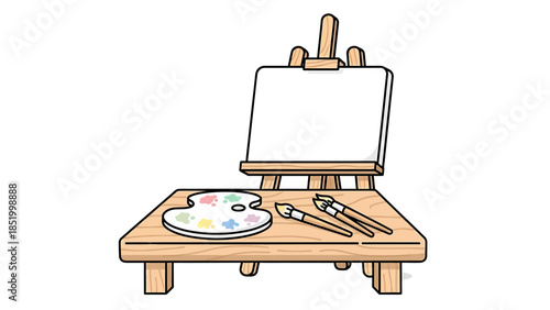 Artist's easel with paintbrushes and palette on a wooden table
