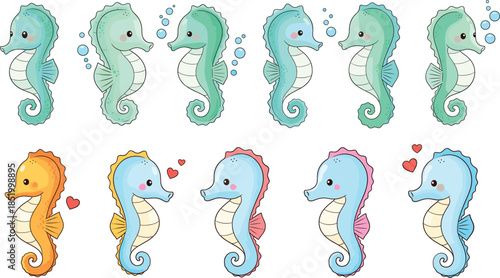 Adorable cartoon seahorses collection in different colors playful ocean animal vector illustration