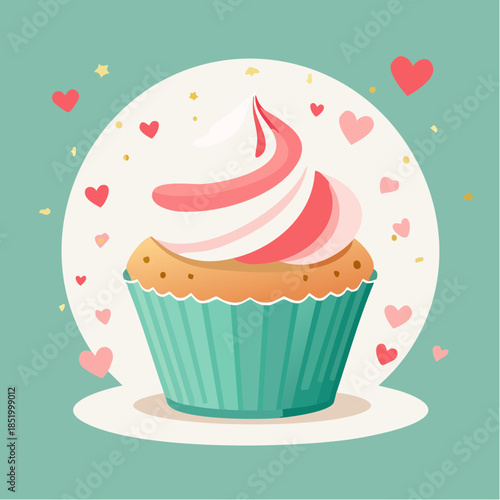 A delightful illustration of a cupcake with pink and white frosting, surrounded by hearts.
