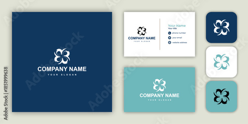Abstract elegant logo design with comprehensive branding mockups.