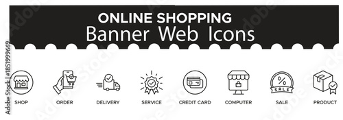 Online Shopping Web Banner Icons. Line Icons for Ecommerce, Carts, Digital Payments, Product Listings ,Delivery ,Tracking Customer and Flash Sales Editable Stroke Vector Format for web and Print. 