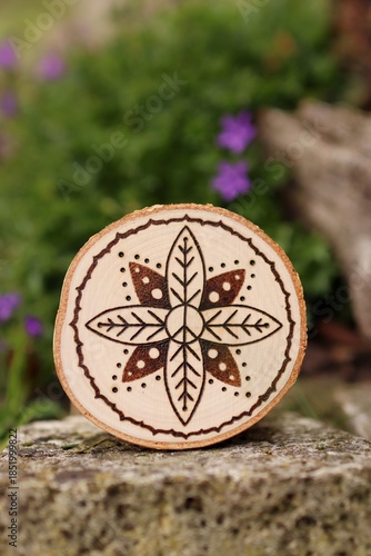 Mandala hand-burned into wood - pyrography