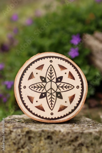 Mandala hand-burned into wood - pyrography