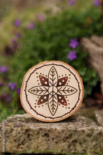 Mandala hand-burned into wood - pyrography