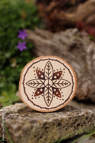 Mandala hand-burned into wood - pyrography