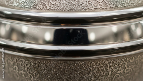 Close up of intricately designed metal container with silver rim and etched patterns on bronze surface, reflecting light