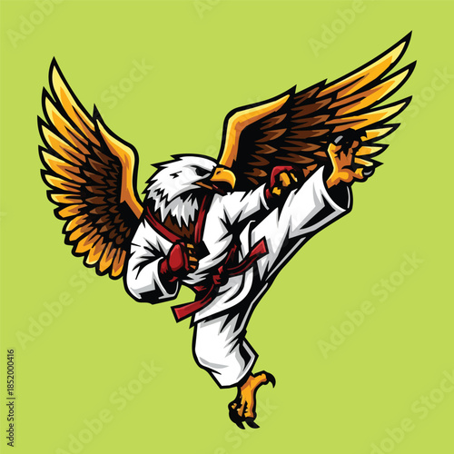 Dynamic martial arts eagle mascot showcasing powerful karate kick with widespread golden wings, symbolizing strength and disciplined spirit in combat