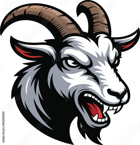 Ferocious Goat Head Sports Mascot Logo Illustration, Aggressive Animal Emblem Vector Art