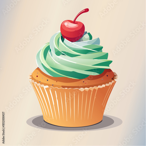 A delicious cupcake with green frosting and a bright red cherry on top.