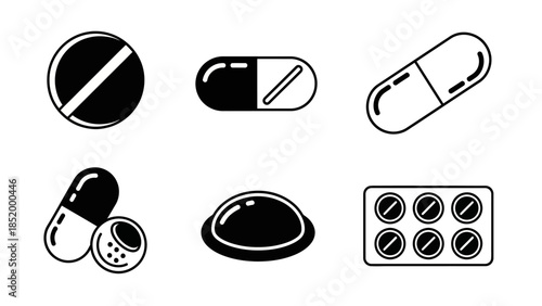 Set of medical pill icons and capsules in various shapes and a blister pack illustration.
