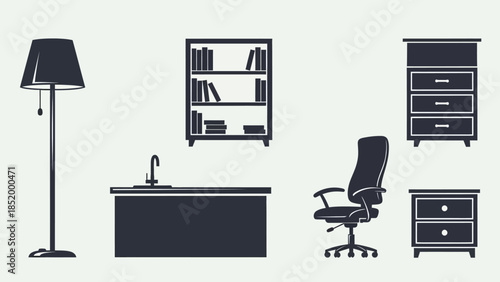 Minimalist office workspace with desk, chair, shelves and cabinets in a clean modern setting.