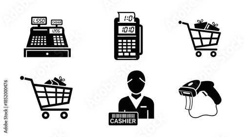 Set of retail icons showing cash register, payment terminal, shopping cart, cashier and customer interactions.