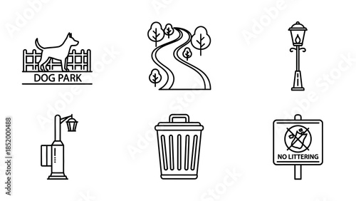 Park icons set featuring dog park, winding path, street lamps, trash can, and signage.