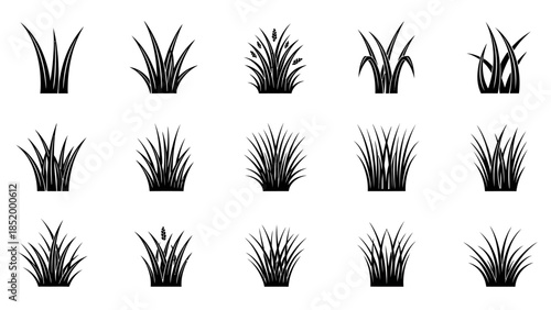 Array of black grass tufts arranged in a neat grid for a minimalist botanical pattern.