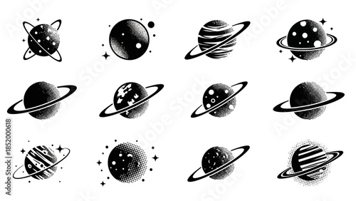 Collection of cartoon planets with rings in space illustration.