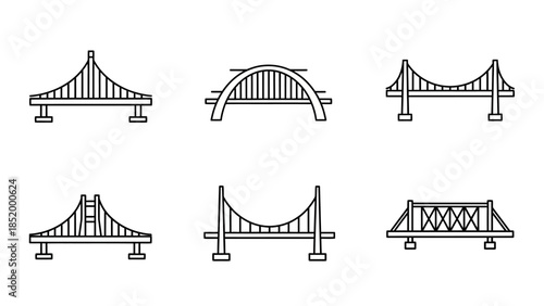 Collection of Bridge Designs Featuring Suspension and Arch Bridges in Line Art Style.