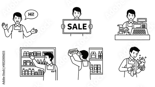 Casual Shopping Scenes With Customers, Sale Signage, and Store Counters.