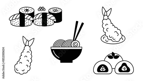 Whimsical food and animal icons featuring sushi bowl, dumplings, and rabbits in monochrome illustration.