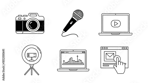 Collection of media and technology icons featuring camera, microphone, laptops, projector and interactive presentation elements.