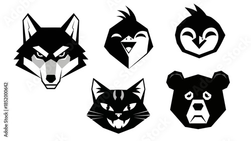 Collection of Black and White Animal Faces: Wolf Penguin Panda Tiger and Bear Emblems.