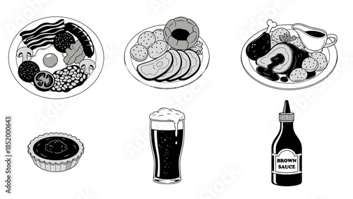 Monochrome icons showcasing assorted food items and beverages including pastries, fruits, and beer.