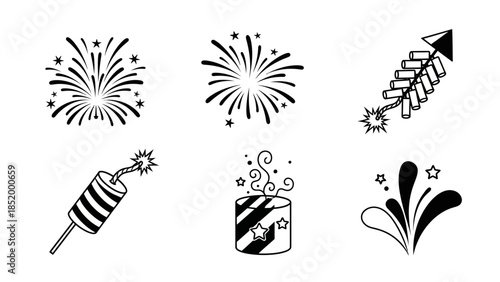 Set of festive celebration icons featuring fireworks, sparkler, party popper, champagne bottle and decorative motifs in monochrome style.