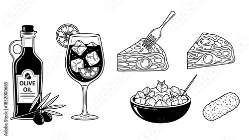Assorted food items including olive oil bottle, glass of beverage, pizza slices and bowls of pasta.