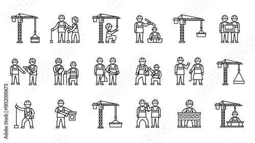 Set of 21 Minimalist Line Icons Depicting People in Various Collaborative Activities.