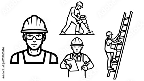 Line Art Illustration of Construction Workers with Helmets and Tools on Site.