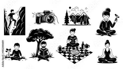 Silhouettes of Leisure Activities in Nature and Social Scenes.