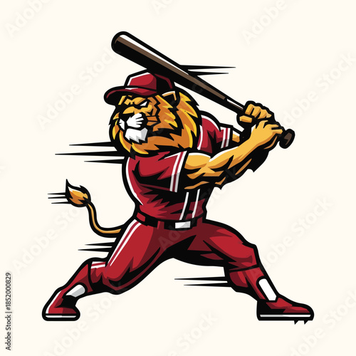 Majestic Lion Baseball Player Swinging Bat with Dynamic Action Lines