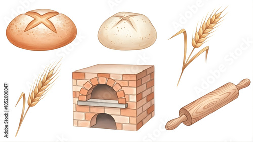 Collection of baking and bread-making elements including loaves of bread, wheat stalks, and a brick oven, perfect for culinary themes