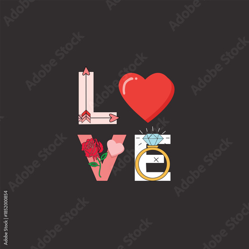 Eternal Affirmation: The word LOVE is artfully composed with heart and ring imagery, celebrating commitment, affection, and the enduring beauty of relationships. 