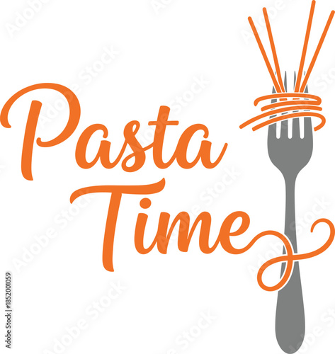 Pasta Time Text with Fork and Spaghetti Noodles Vector Graphic for Italian Restaurant
