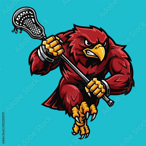 Dynamic red bird of prey illustration, a fierce avian athlete powerfully gripping a lacrosse stick, symbolizing competitive spirit and unyielding strength in sports