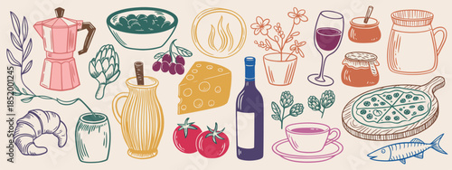 Mediterranean food set, doodle icons with traditional italian cuisine, stickers with olives pizza wine fish and cup of coffee, hand drawn vector illustration collection isolated on white background, 