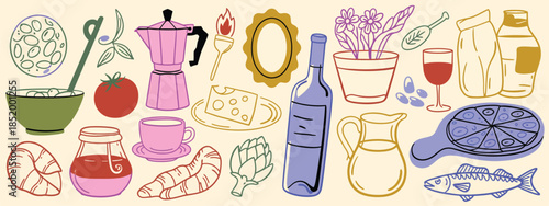Stickers with olives pizza wine fish and cup of coffee, mediterranean food set, doodle icons with traditional italian cuisine, hand drawn vector illustration collection isolated on white background
