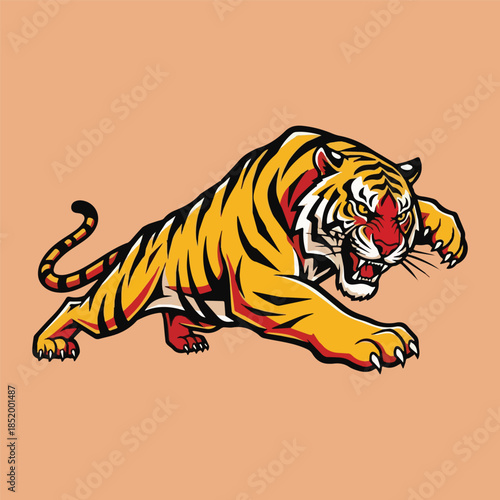 Dynamic illustration of a fierce and powerful tiger in an aggressive, attacking stance, showcasing its untamed wild spirit and predatory nature