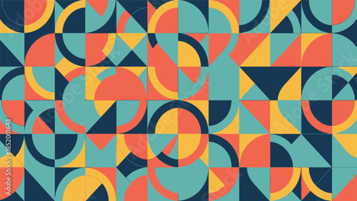 Colorful Abstract Geometric Seamless Pattern with Vibrant Circles, Triangles, and Squares for Modern Background Design