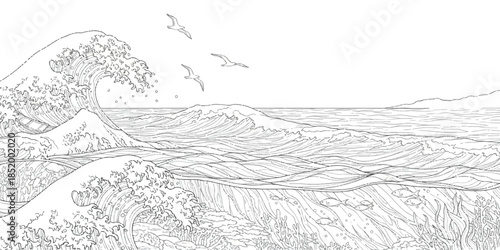 A detailed ocean seascape illustration featuring large waves, flying seagulls, and underwater life isolated on white background