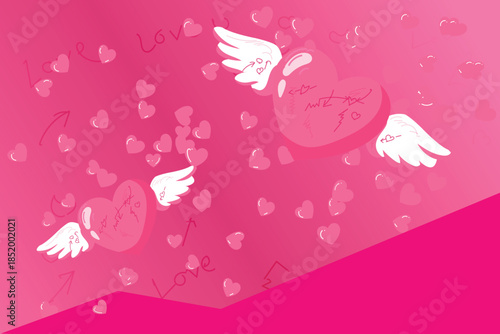 Vector art of flying hearts with wings and love messages on a vibrant pink gradient background for valentines day or romance concept