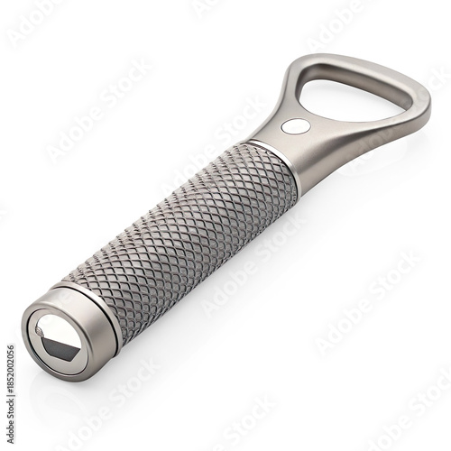 Elegant Metal Bottle Opener with Textured Grip, Featuring a Shiny Finish, Ideal Drink Opener for Effortless Bottle Access and Stylish Functionality on Transparent Background.