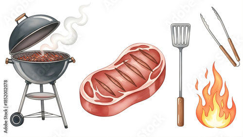 Watercolor illustration depicting a classic backyard barbecue setup with a smoking grill, raw steak, and essential tools like tongs and a spatula, ready for outdoor cooking