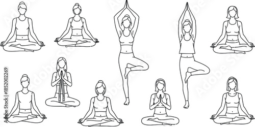 Yoga Poses and Meditation Line Art Illustration Set with Women in Lotus and Tree Positions
