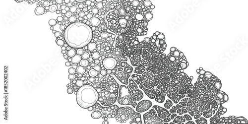 An intricate abstract drawing of cellular growth and microscopic formations in black and white isolated on white background